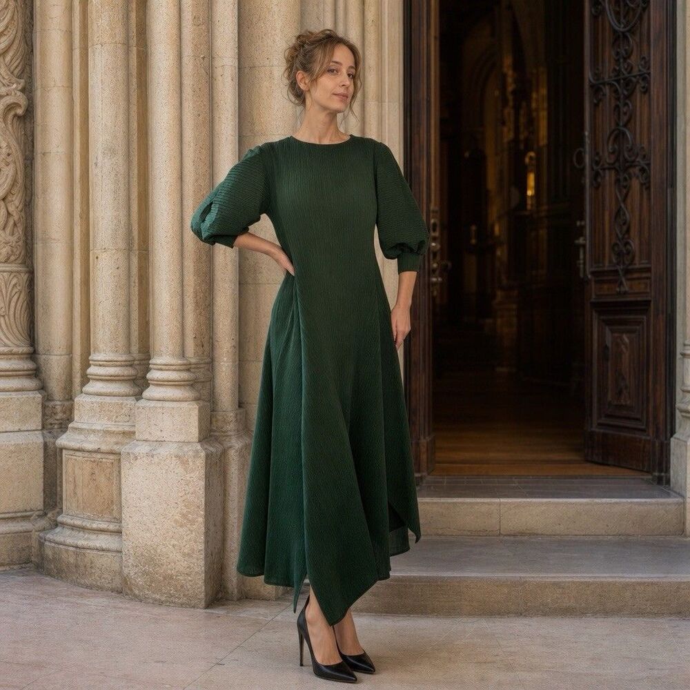 Beulah Style Pleated Maxi Dress Green ( One Size Fits Most) Elegant Classy